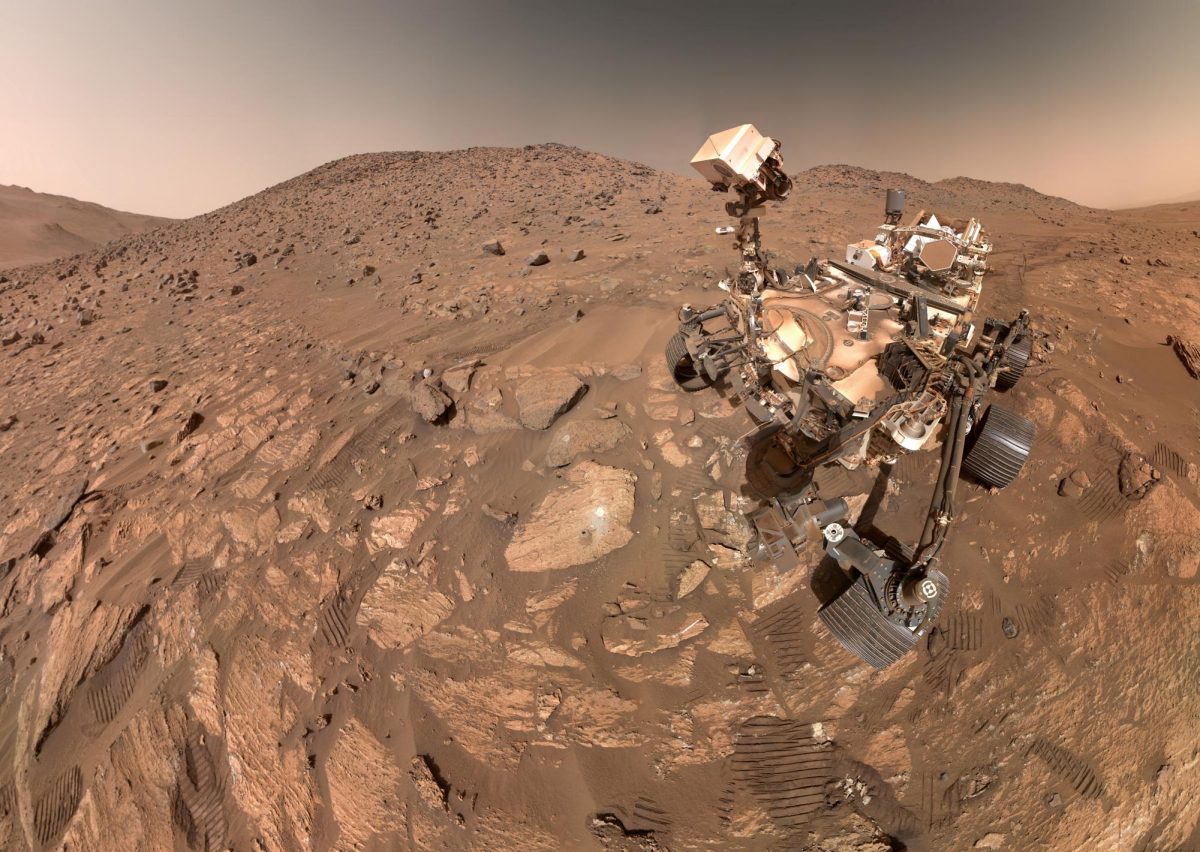 A "selfie" taken by NASA's Perseverance Mars rover, made up of 62 individual images, on July 23, in this image released on September 10, 2025. A rock nicknamed "Cheyava Falls," which has features that may bear on the question of whether the Red Planet was long ago home to microscopic life, is seen to the left of the rover near the center of the image. NASA/JPL-Caltech/MSSS/Handout via REUTERS